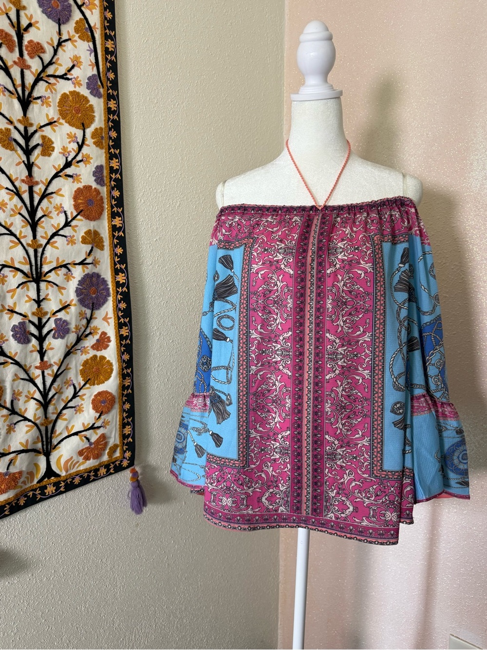 Umgee Pink and Light Blue Off-Shoulder Boho Blouse